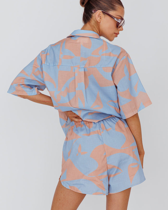 Blue Elastic Waist Shorts Print