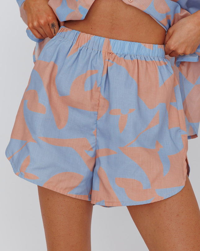 Blue Elastic Waist Shorts Print