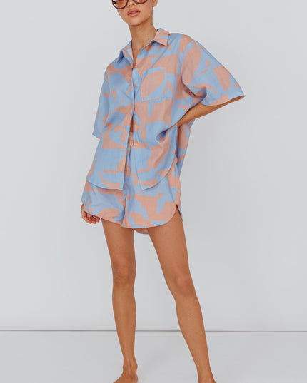 Blue Elastic Waist Shorts Print