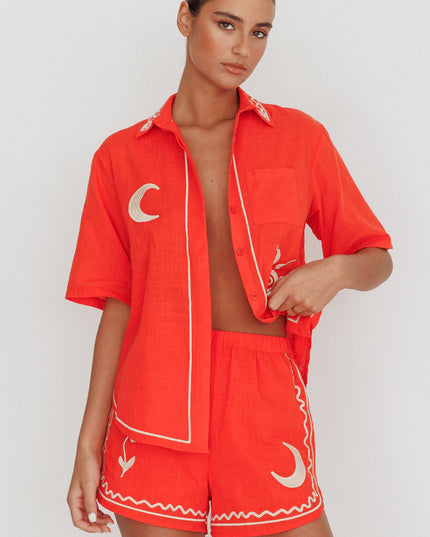 Orange Elastic Waist Embroidered Shorts