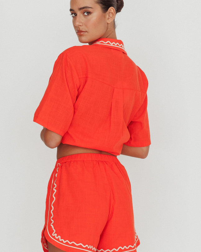 Orange Elastic Waist Embroidered Shorts