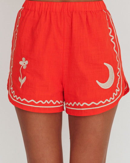 Orange Elastic Waist Embroidered Shorts