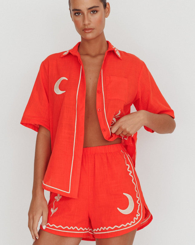 Orange Elastic Waist Embroidered Shorts