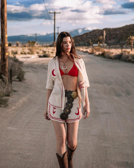 Beige Button-Up Shirt Embroidered