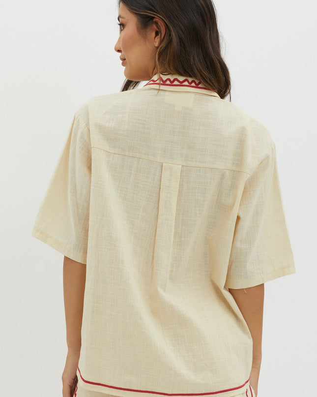 Beige Button-Up Shirt Embroidered