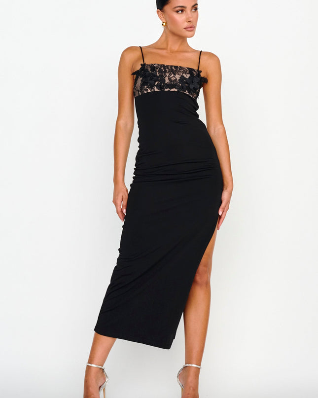 Black Embellished Bust Midi Dress