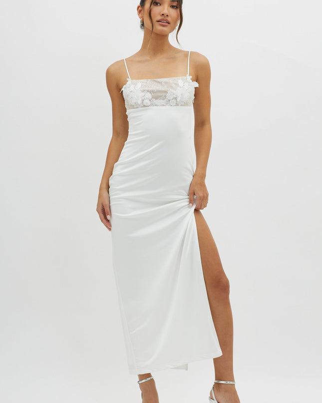 White Embellished Bust Midi Dress