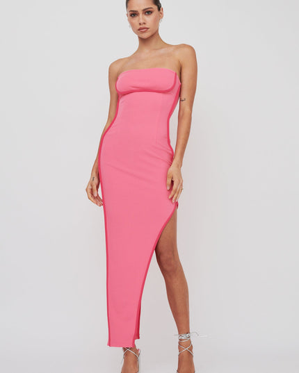 Hot Pink Strapless Piping Midi Dress