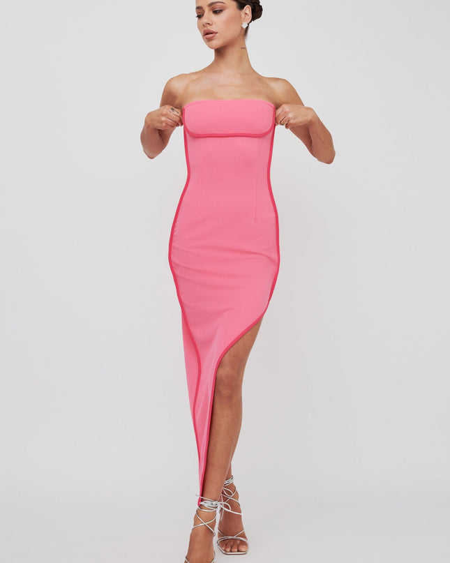 Hot Pink Strapless Piping Midi Dress