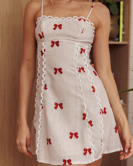 Scallop Trim Mini Dress Red Bow