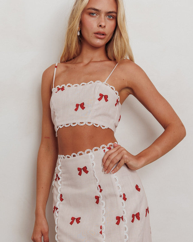 Scallop Trim Maxi Skirt Red Bow