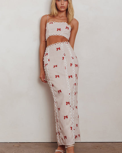 Scallop Trim Maxi Skirt Red Bow