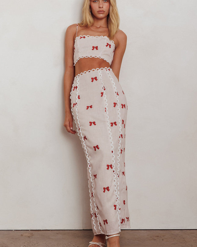 Scallop Trim Maxi Skirt Red Bow