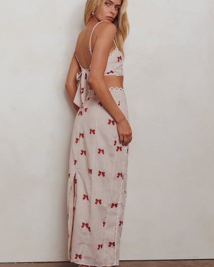 Scallop Trim Maxi Skirt Red Bow