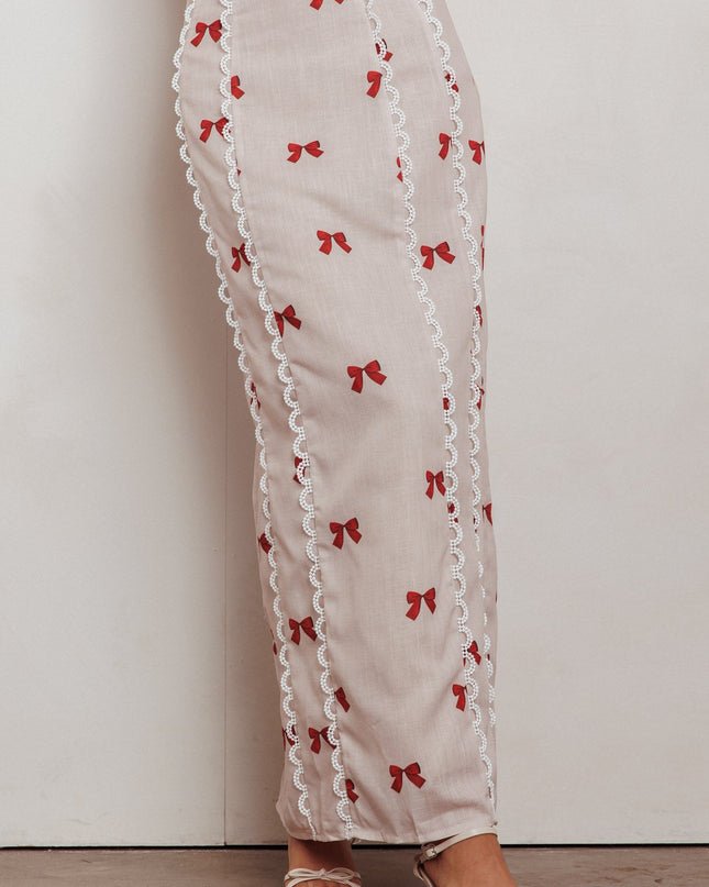 Scallop Trim Maxi Skirt Red Bow