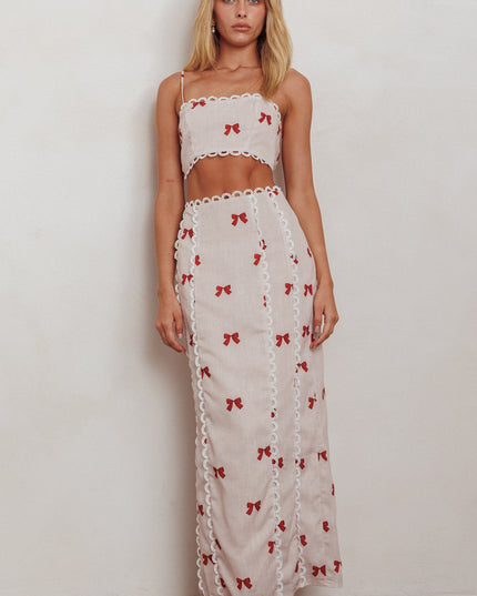 Scallop Trim Maxi Skirt Red Bow
