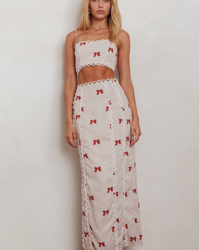 Scallop Trim Maxi Skirt Red Bow