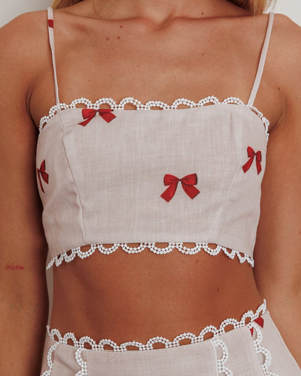 Scallop Trim Crop Top Red Bow