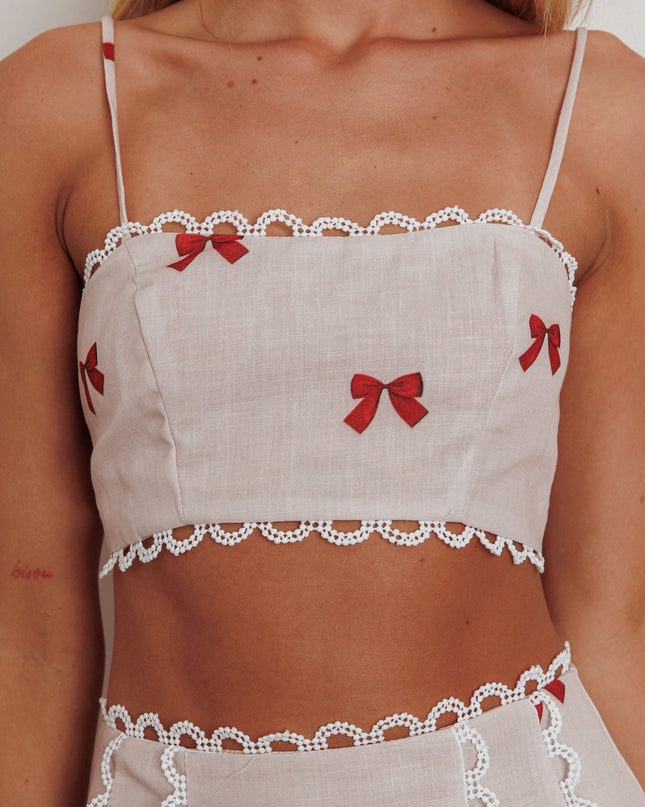 Scallop Trim Crop Top Red Bow