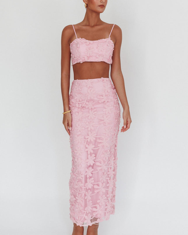 Baby Pink Tree Embroidered Maxi Skirt