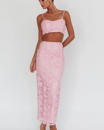 Baby Pink Tree Embroidered Maxi Skirt