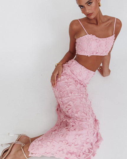 Baby Pink Tree Embroidered Maxi Skirt