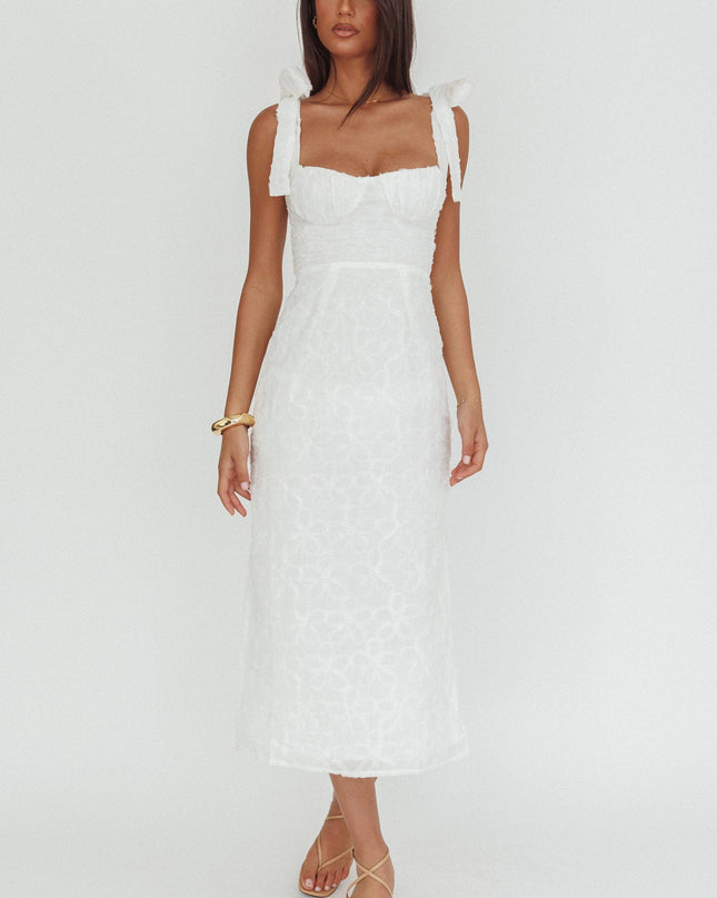 White Tied Shoulder Embellished Midi Dress