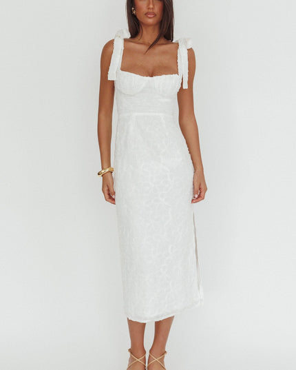 White Tied Shoulder Embellished Midi Dress
