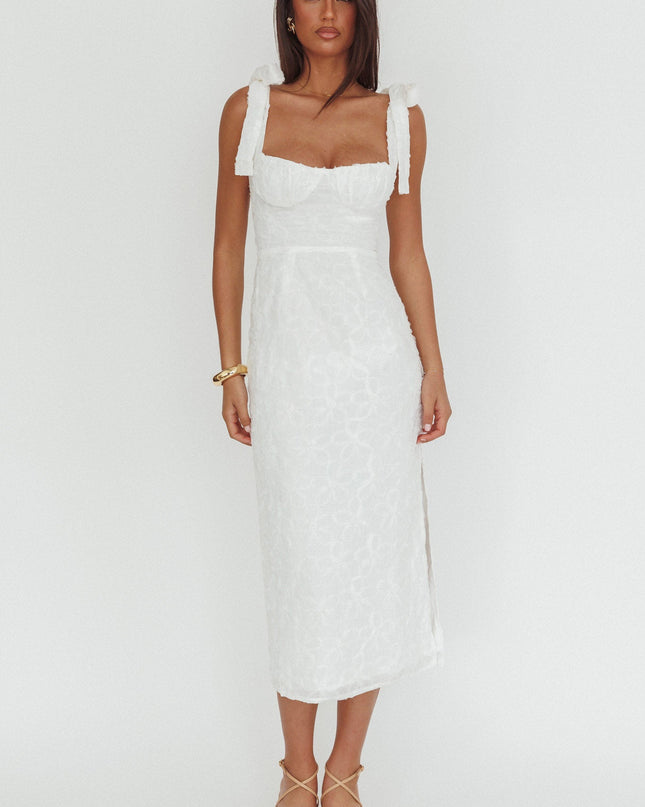 White Tied Shoulder Embellished Midi Dress