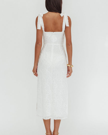 White Tied Shoulder Embellished Midi Dress