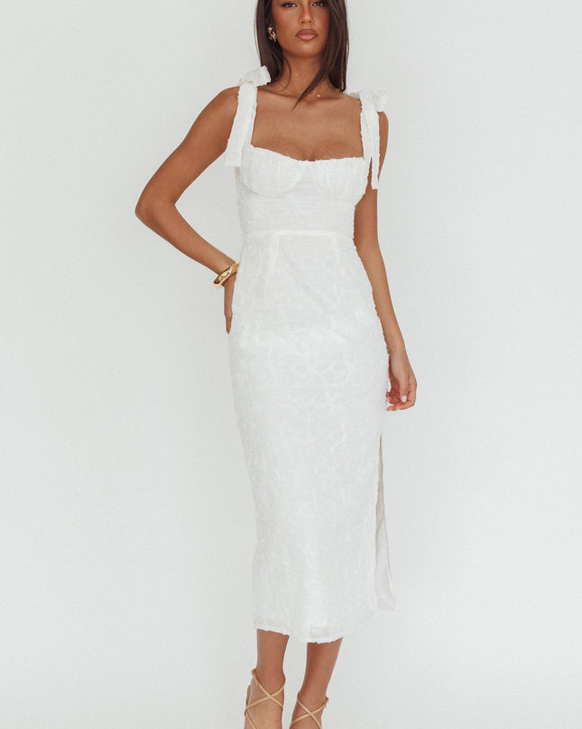 White Tied Shoulder Embellished Midi Dress
