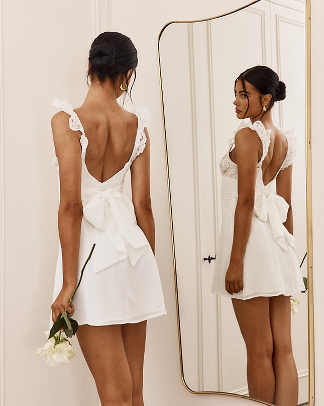 Ivory Lace Bust Tied Back Mini Dress