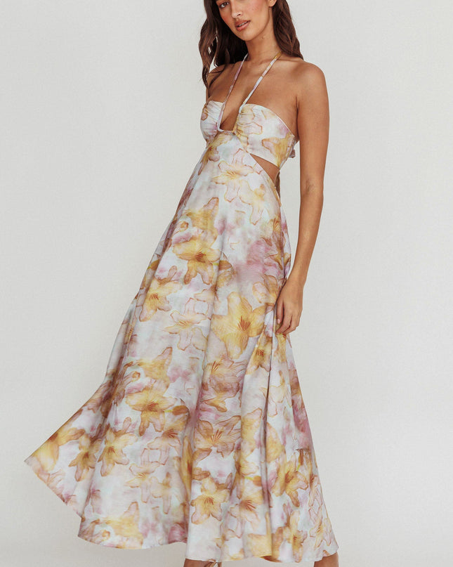 Yellow Cut-Out Tied Back Floral Maxi Dress