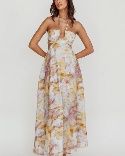 Yellow Cut-Out Tied Back Floral Maxi Dress