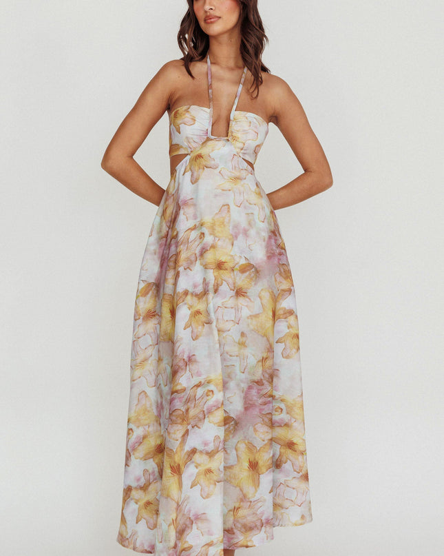 Yellow Cut-Out Tied Back Floral Maxi Dress