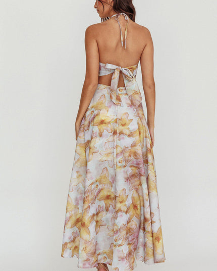 Yellow Cut-Out Tied Back Floral Maxi Dress