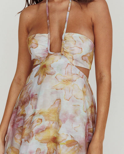 Yellow Cut-Out Tied Back Floral Maxi Dress