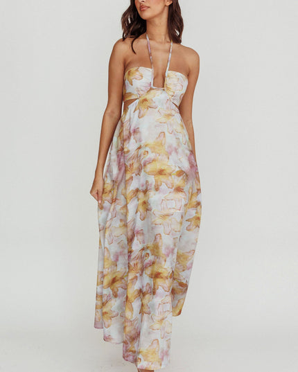Yellow Cut-Out Tied Back Floral Maxi Dress
