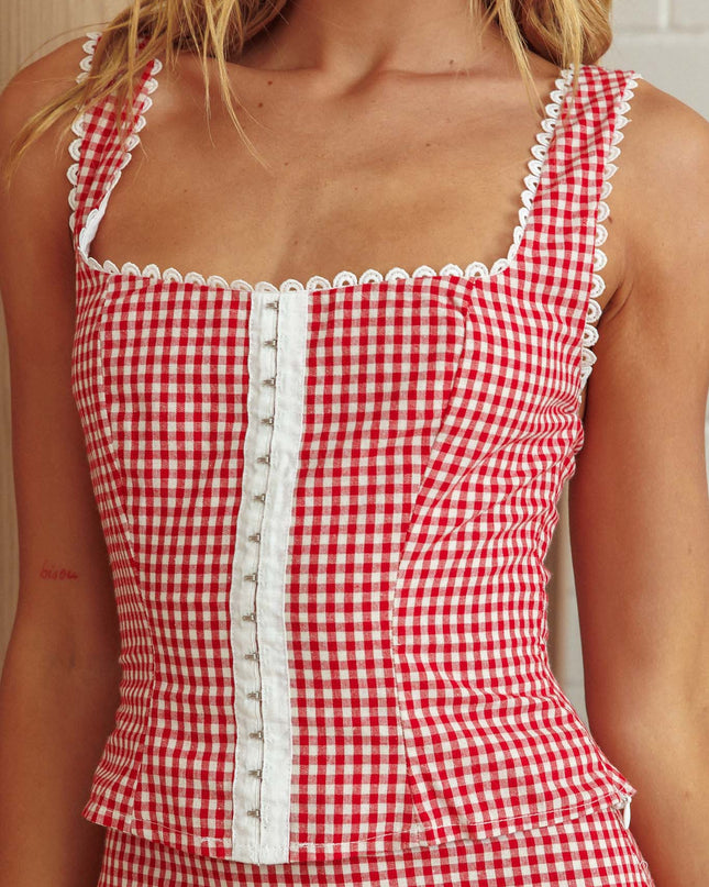 Lace Trim Top Red Check