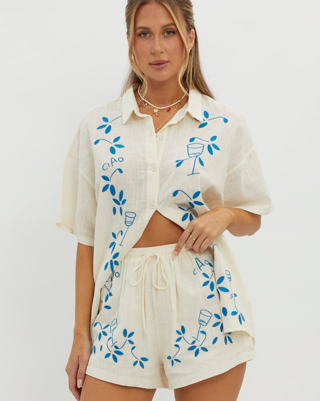Beige Embroidered Drawstring Shorts