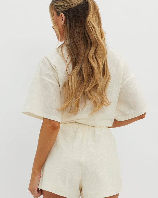 Beige Embroidered Drawstring Shorts