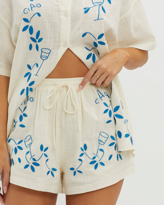 Beige Embroidered Drawstring Shorts