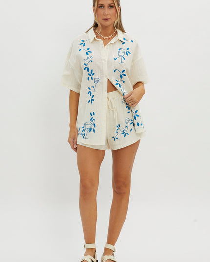 Beige Embroidered Drawstring Shorts