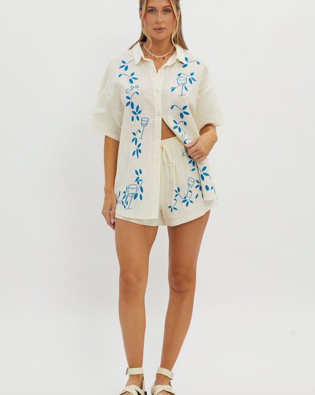 Beige Embroidered Drawstring Shorts