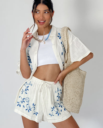 Beige Embroidered Drawstring Shorts