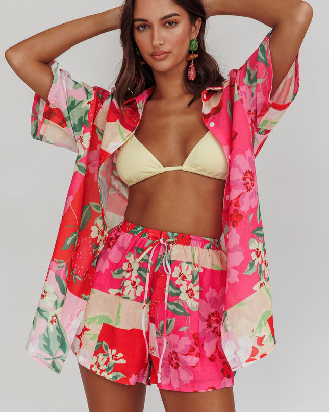 Pink Floral Drawstring Shorts