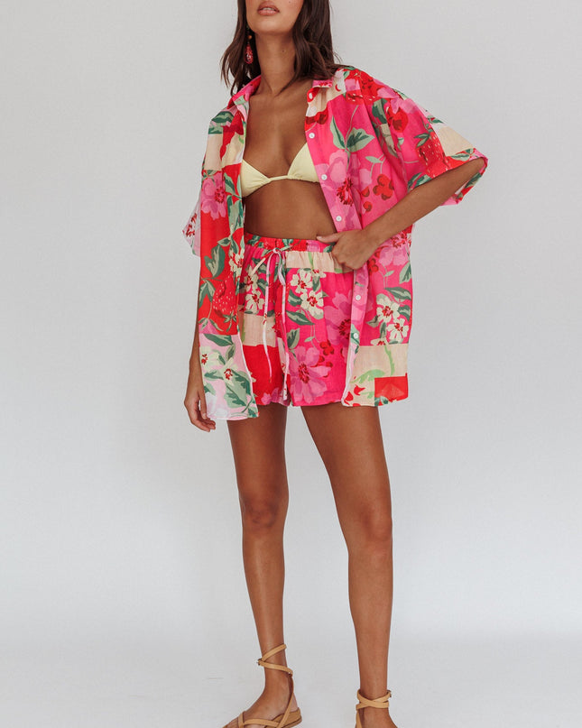 Pink Floral Drawstring Shorts