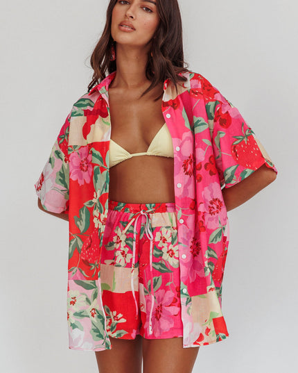 Pink Floral Drawstring Shorts