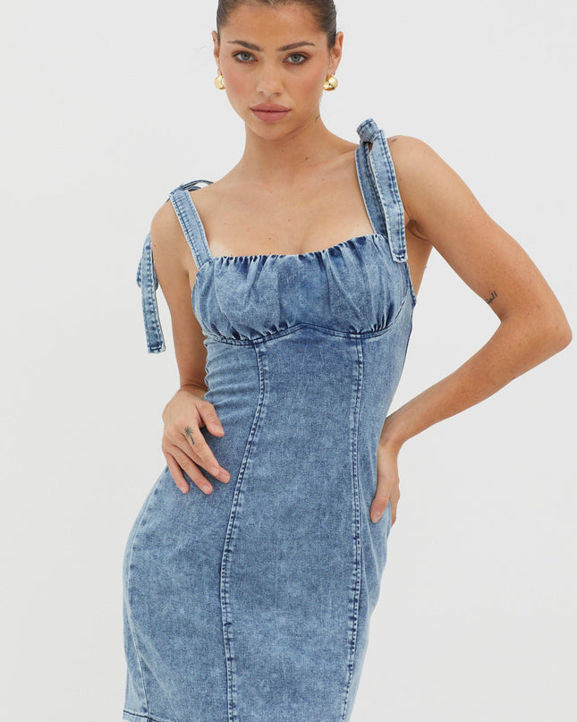 Denim Blue Tied Shoulder Mini Dress