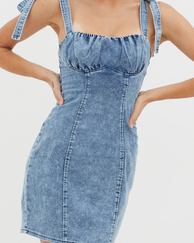 Denim Blue Tied Shoulder Mini Dress